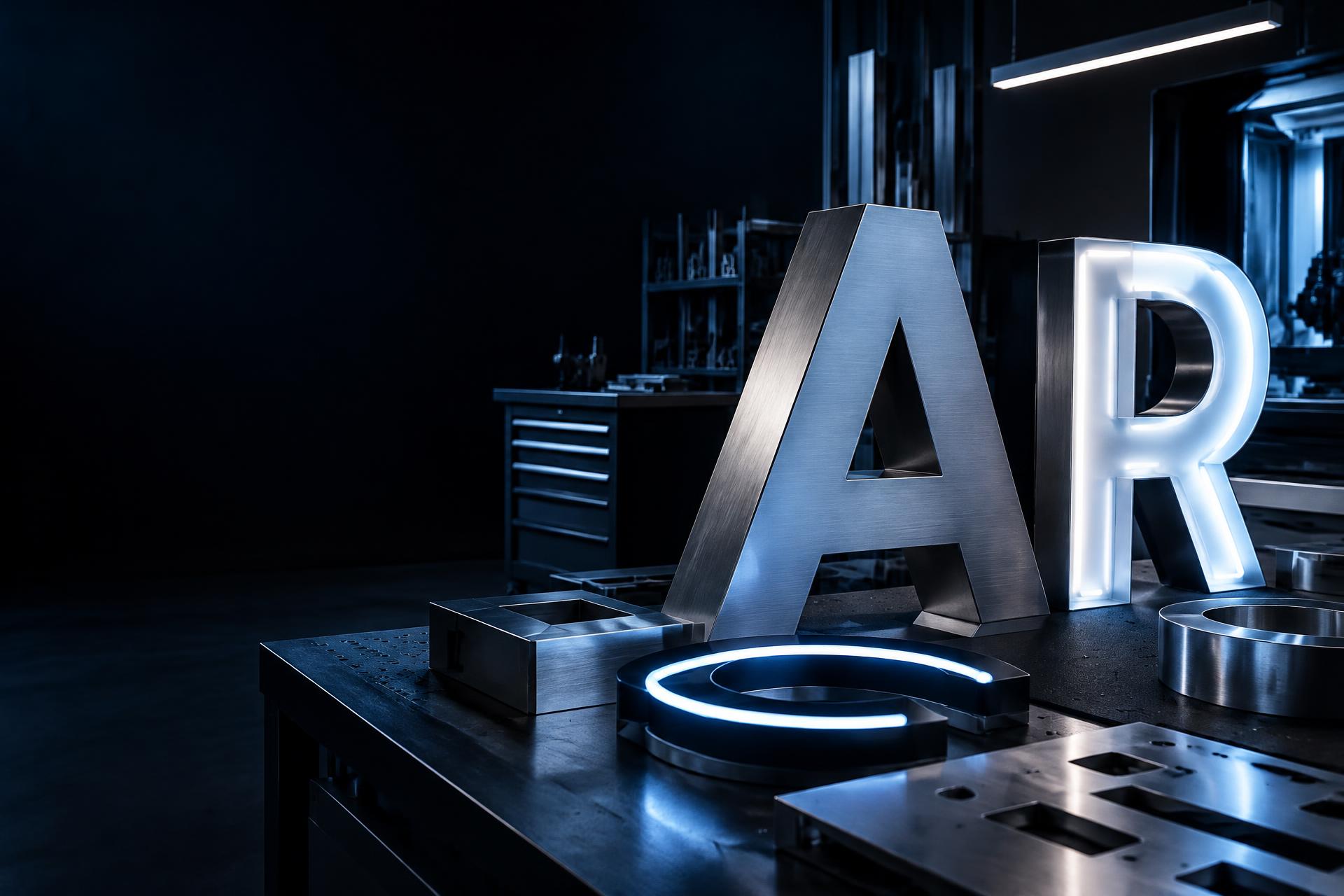 Letras corpóreas metálicas e iluminadas en taller
